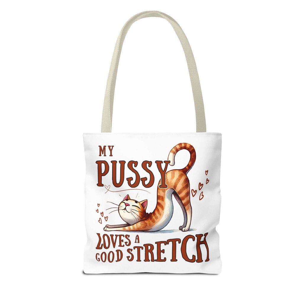 Fun Stretching Cat Tote Bag with cheeky cat design, durable polyester, multiple sizes and handle colors, perfect for shopping and casual use
