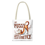 Fun Stretching Cat Tote Bag with cheeky cat design, durable polyester, multiple sizes and handle colors, perfect for shopping and casual use