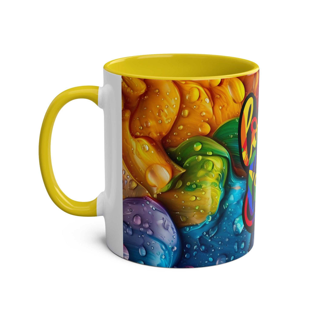 LGBTQ+ Pride mug with vibrant rainbow design and yellow handle.