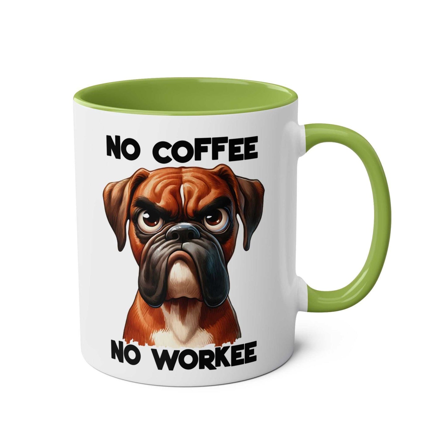 No Coffee No Workee Mug with sarky dog design, green handle, and glossy finish.