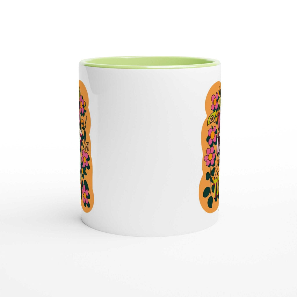 Colorful "Feeling Kinda IDGAF" fun mug with floral design, 11oz ceramic, colorful rim and interior.