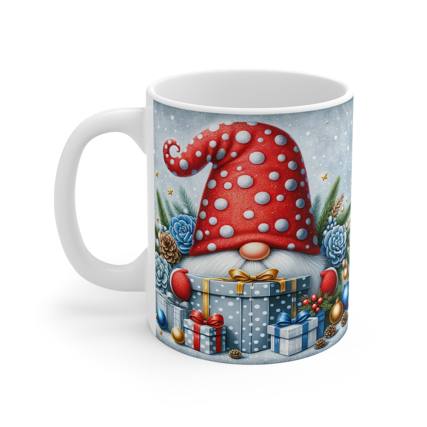 Cute Gnome Christmas Mug with festive design, perfect for hot chocolate and holiday movies, 11oz ceramic.