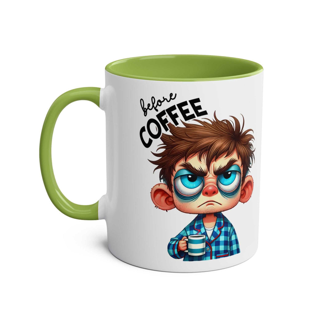Fun Sarcastic Coffee Mug with cartoon face and "Before Coffee" text, green handle and interior.