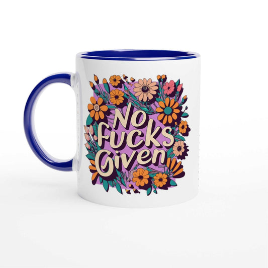 No Fucks Given Fun Mug with floral design; 11oz ceramic with colorful rim and handle.