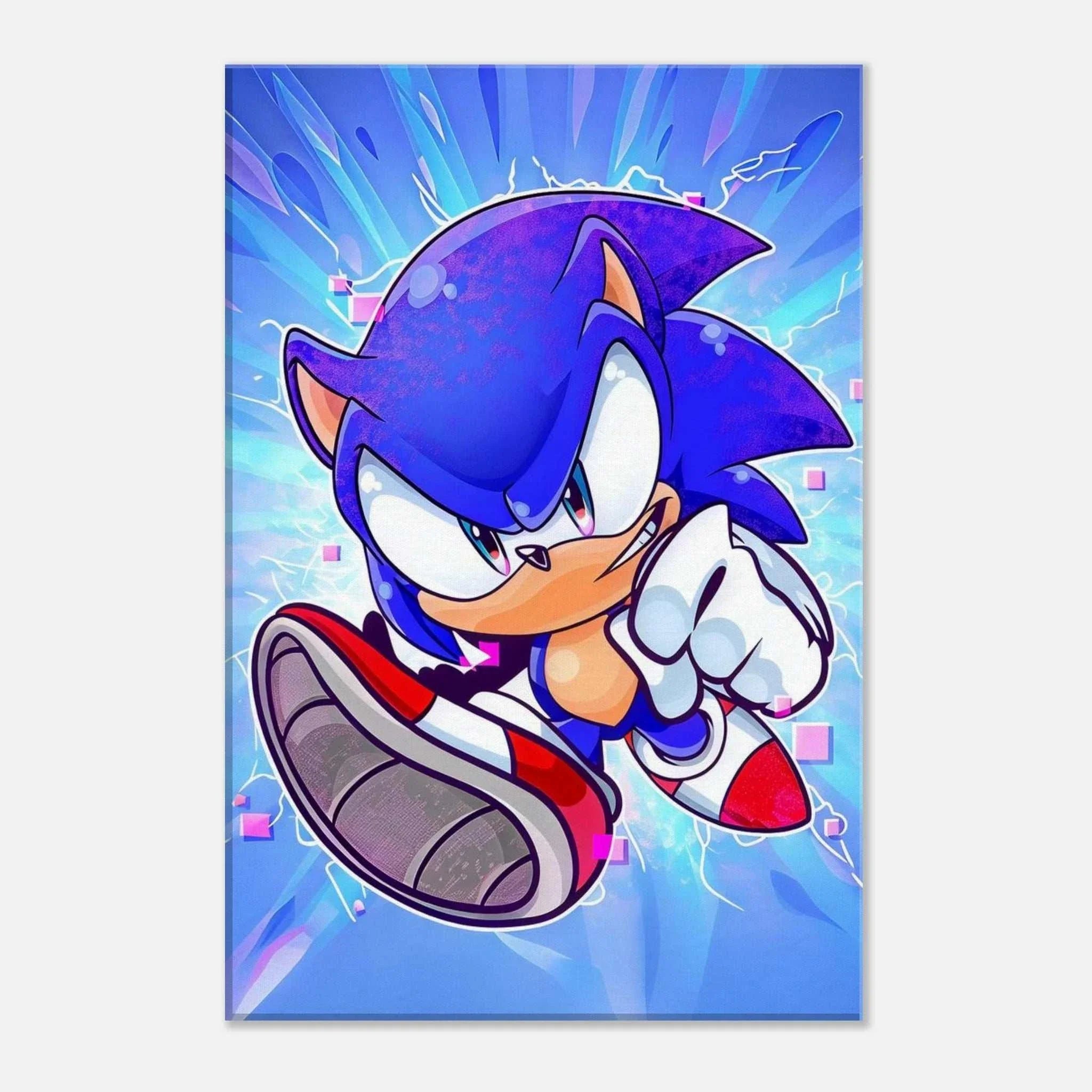 Vibrant Sonic Wall Canvas featuring Sonic the Hedgehog in dynamic action pose with blue background.