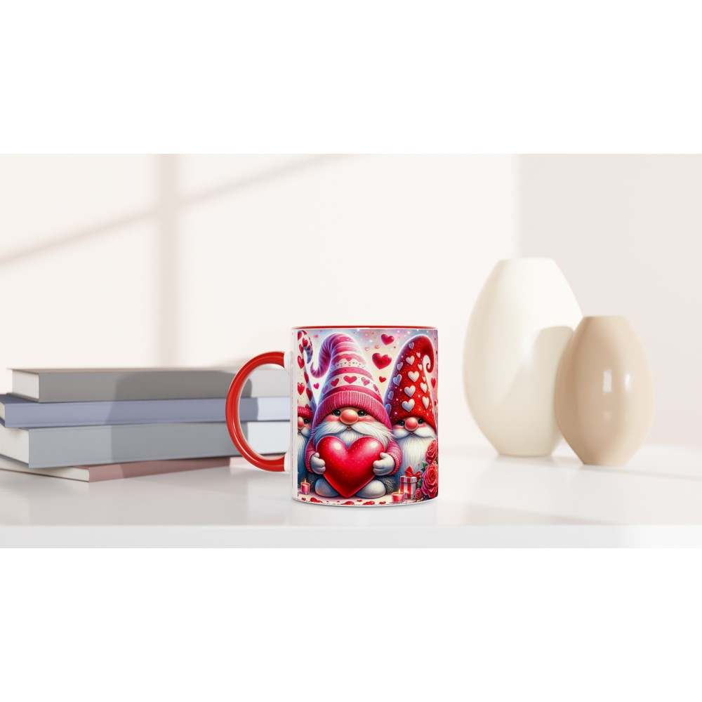 Valentines Day gnome mug with a heart design, perfect sweet coffee cup gift.