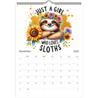 2026 adorable sloth wall calendar with cute sloth artwork, vibrant glossy pages, and spiral binding for easy hanging and organization.