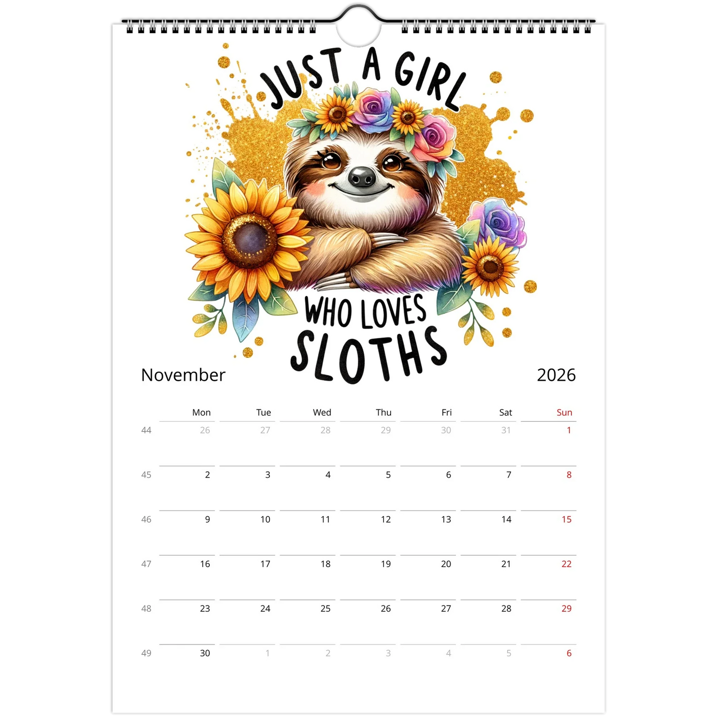 2026 adorable sloth wall calendar with cute sloth artwork, vibrant glossy pages, and spiral binding for easy hanging and organization.
