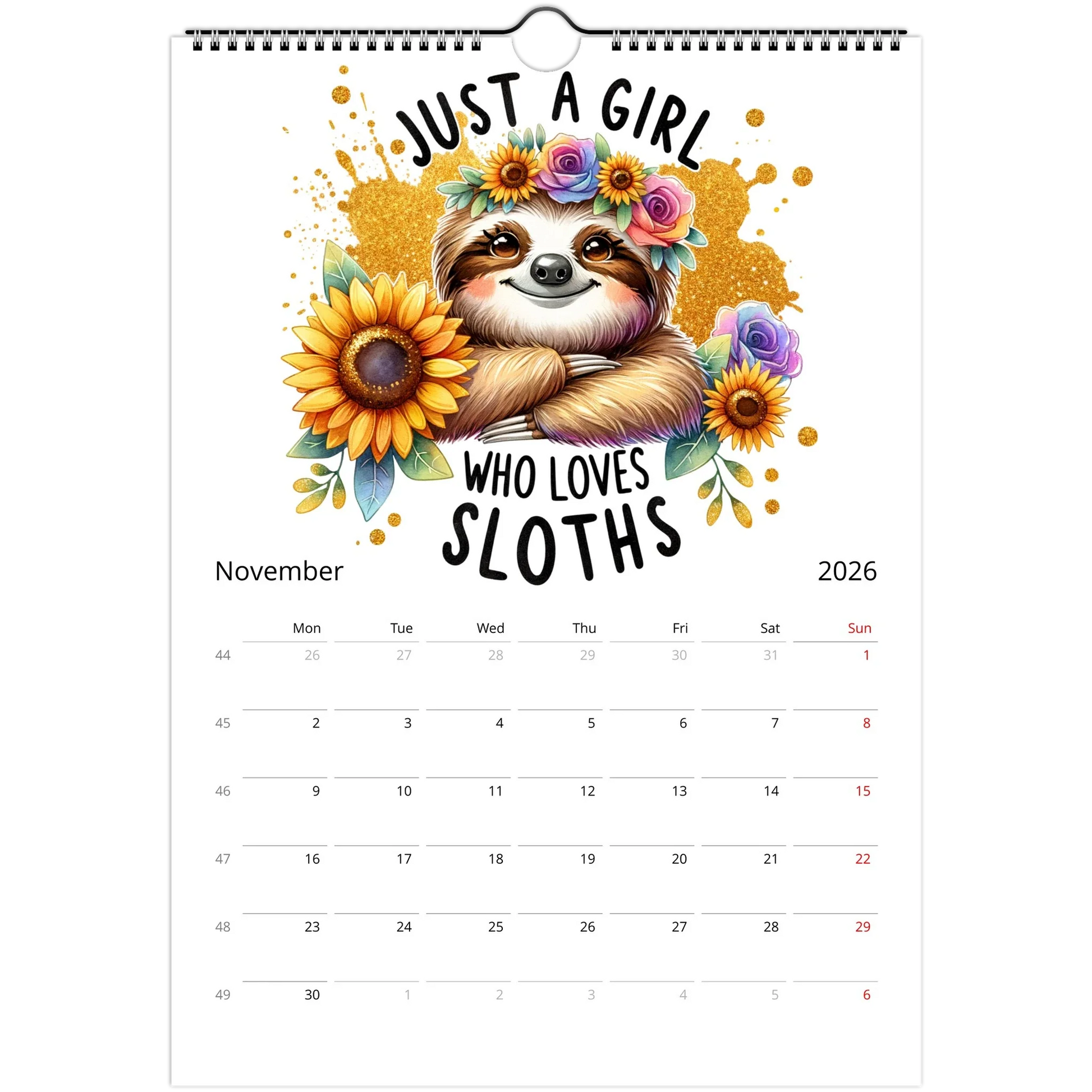 2026 adorable sloth wall calendar with cute sloth artwork, vibrant glossy pages, and spiral binding for easy hanging and organization.