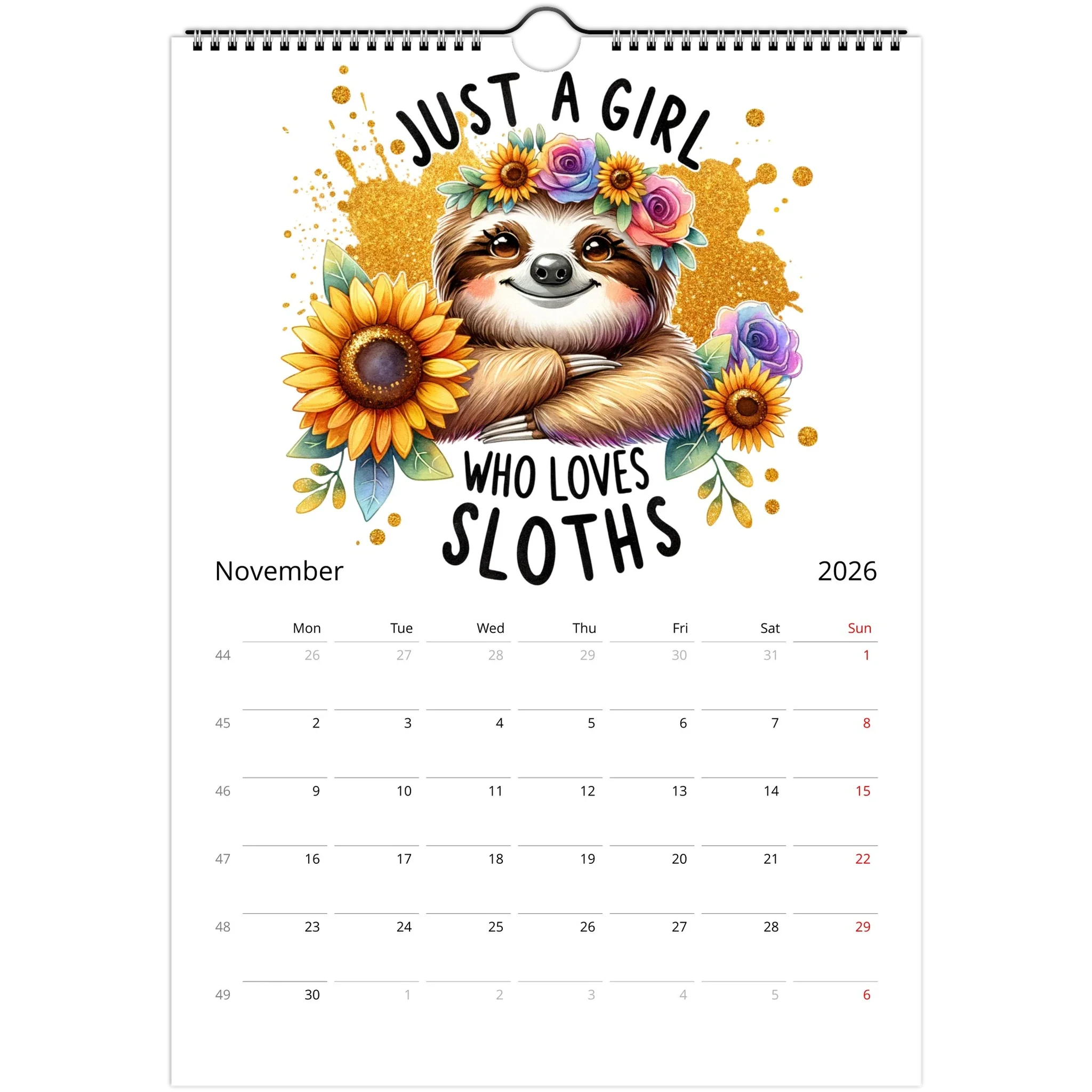2026 adorable sloth wall calendar with cute sloth artwork, vibrant glossy pages, and spiral binding for easy hanging and organization.