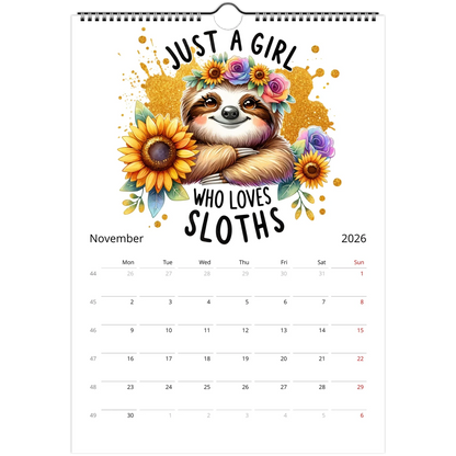 2026 adorable sloth wall calendar with cute sloth artwork, vibrant glossy pages, and spiral binding for easy hanging and organization.