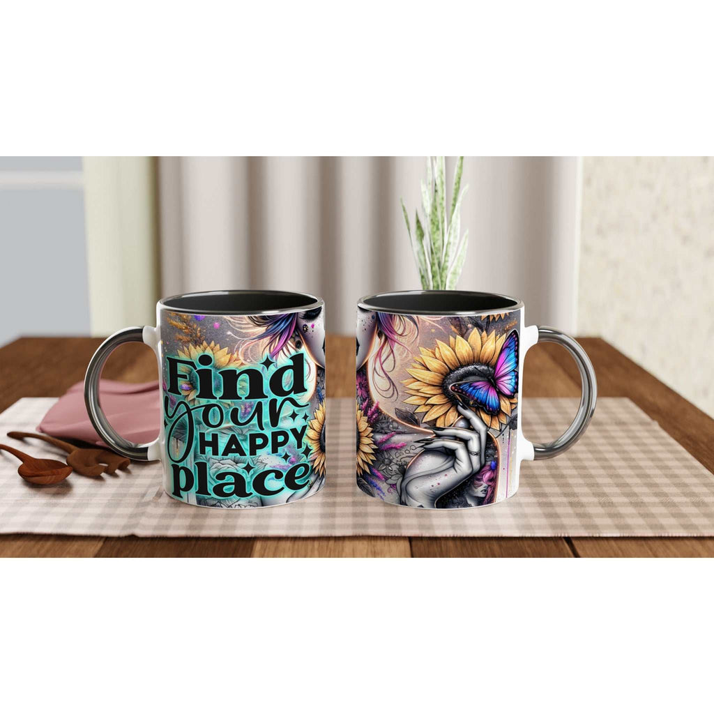 Happy Place Motivational Coffee Mug with Vibrant Design and Inspirational Quote, 11oz Ceramic, Two-Tone, Glossy Finish.
