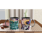 Happy Place Motivational Coffee Mug with Vibrant Design and Inspirational Quote, 11oz Ceramic, Two-Tone, Glossy Finish.