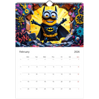 Minions Superhero Wall calendar 2026 with colorful superhero Minion illustration and February month dates