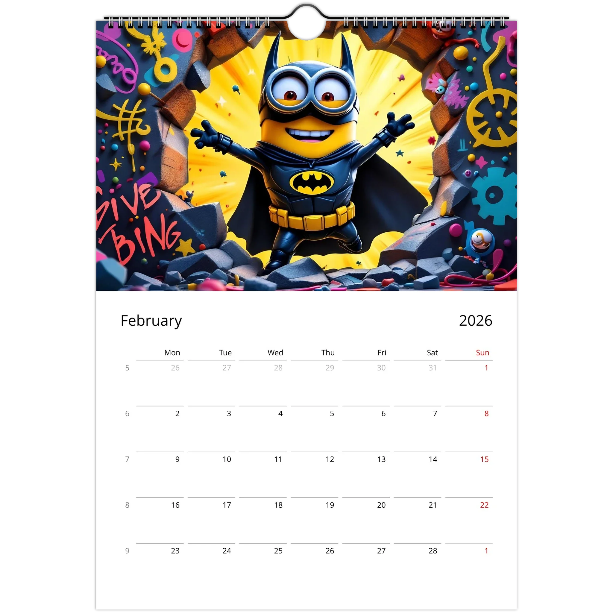 Minions Superhero Wall calendar 2026 with colorful superhero Minion illustration and February month dates