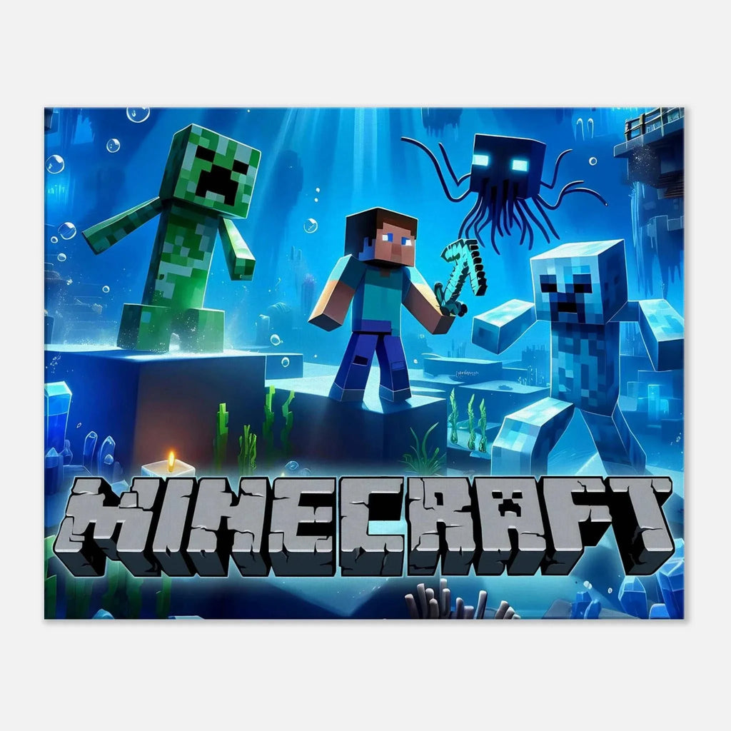 Vibrant Minecraft wall canvas featuring pixelated game scenes, perfect for fans, available in various sizes and profiles.