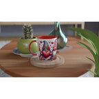 Adorable gnome Valentine's Day mug on wooden table, featuring a colorful design with hearts and red interior.