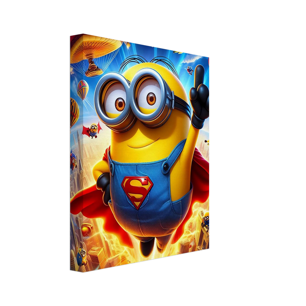 Minions wall canvas featuring playful character in superhero costume, vibrant print, perfect for brightening kids' rooms.