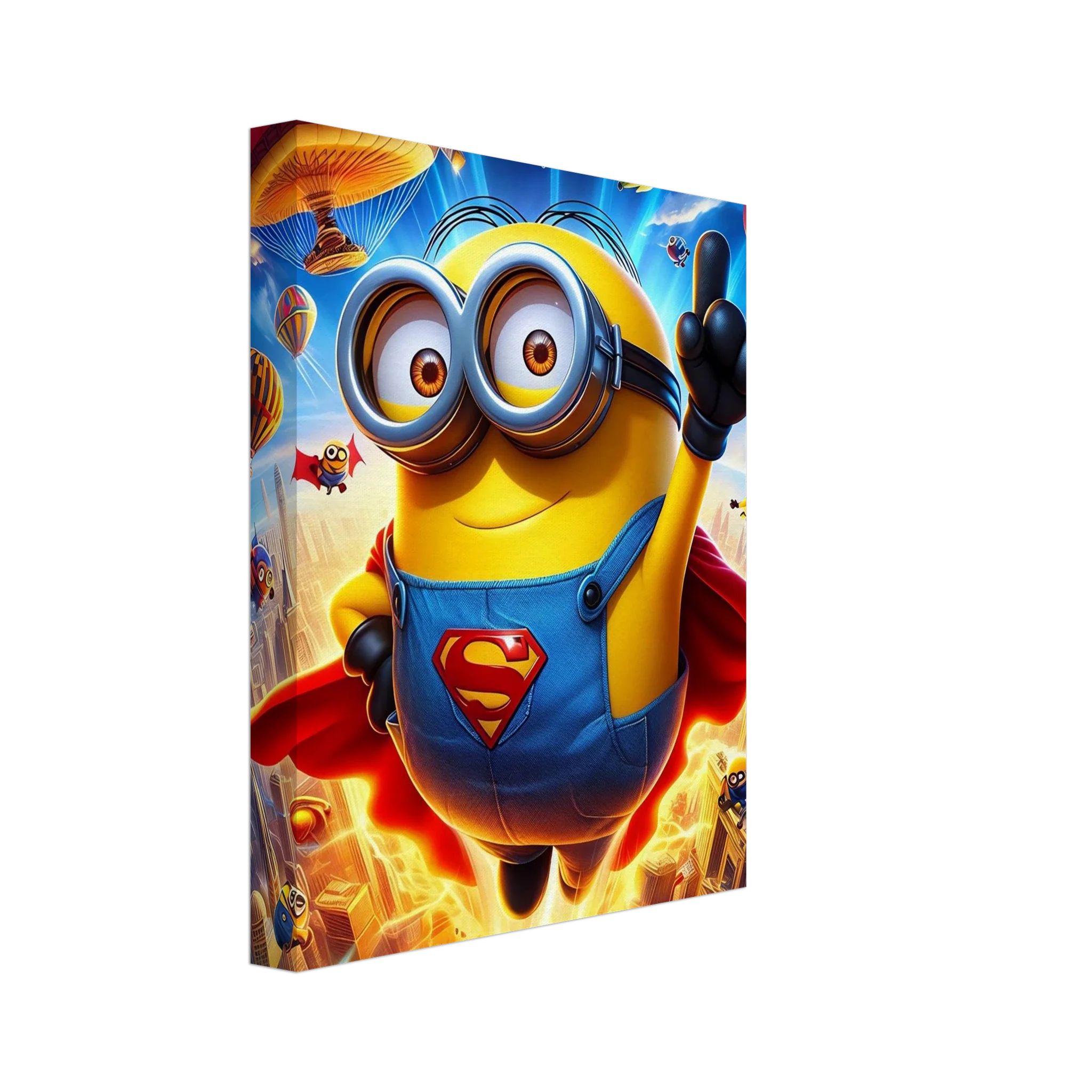 Minions wall canvas featuring playful character in superhero costume, vibrant print, perfect for brightening kids' rooms.