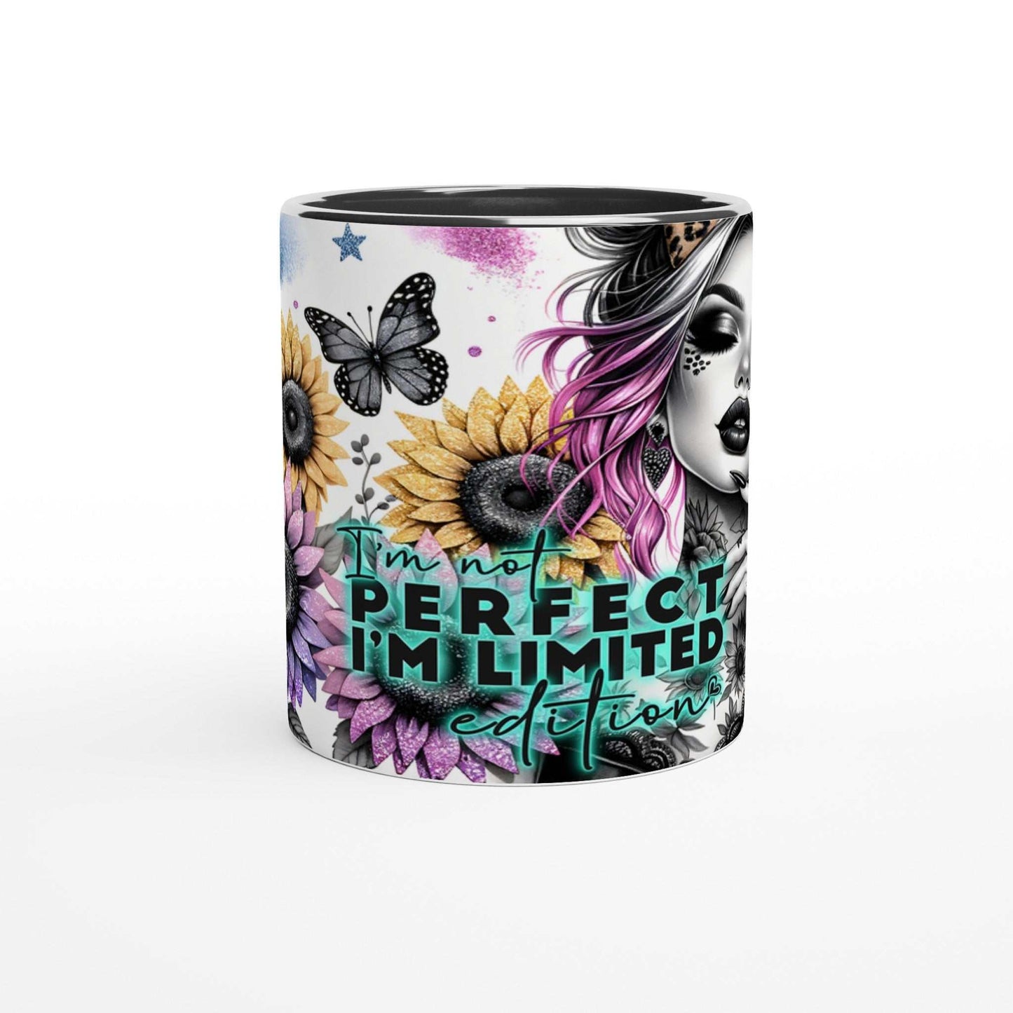 I'm Not Perfect Motivational Coffee Mug with vibrant design and inspirational quote, 11oz ceramic, glossy finish, microwave and dishwasher safe.