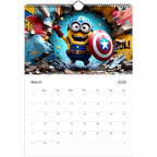 2026 Minions Superhero Wall calendar March page featuring a Minion dressed as a superhero with shield, glossy vibrant design and spiral binding