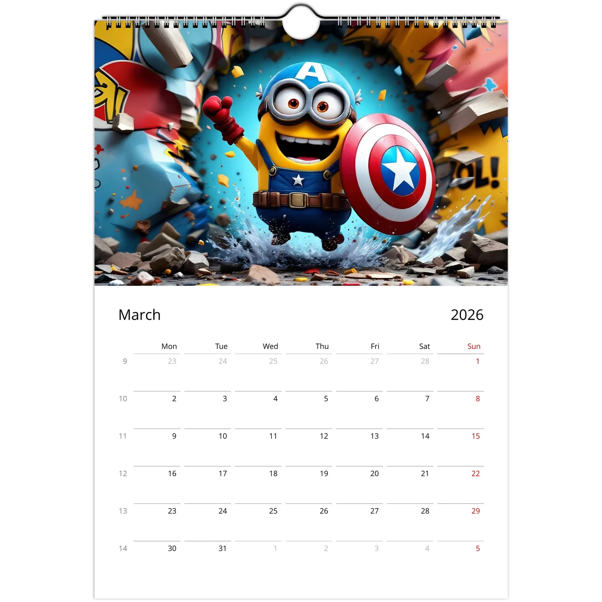 2026 Minions Superhero Wall calendar March page featuring a Minion dressed as a superhero with shield, glossy vibrant design and spiral binding