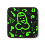 Cheeky Rude Coaster with playful design, high-gloss MDF top, cork back, green patterns on black background.