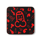 Cheeky rude coaster with red graphic design, high-gloss finish, and cork backing.