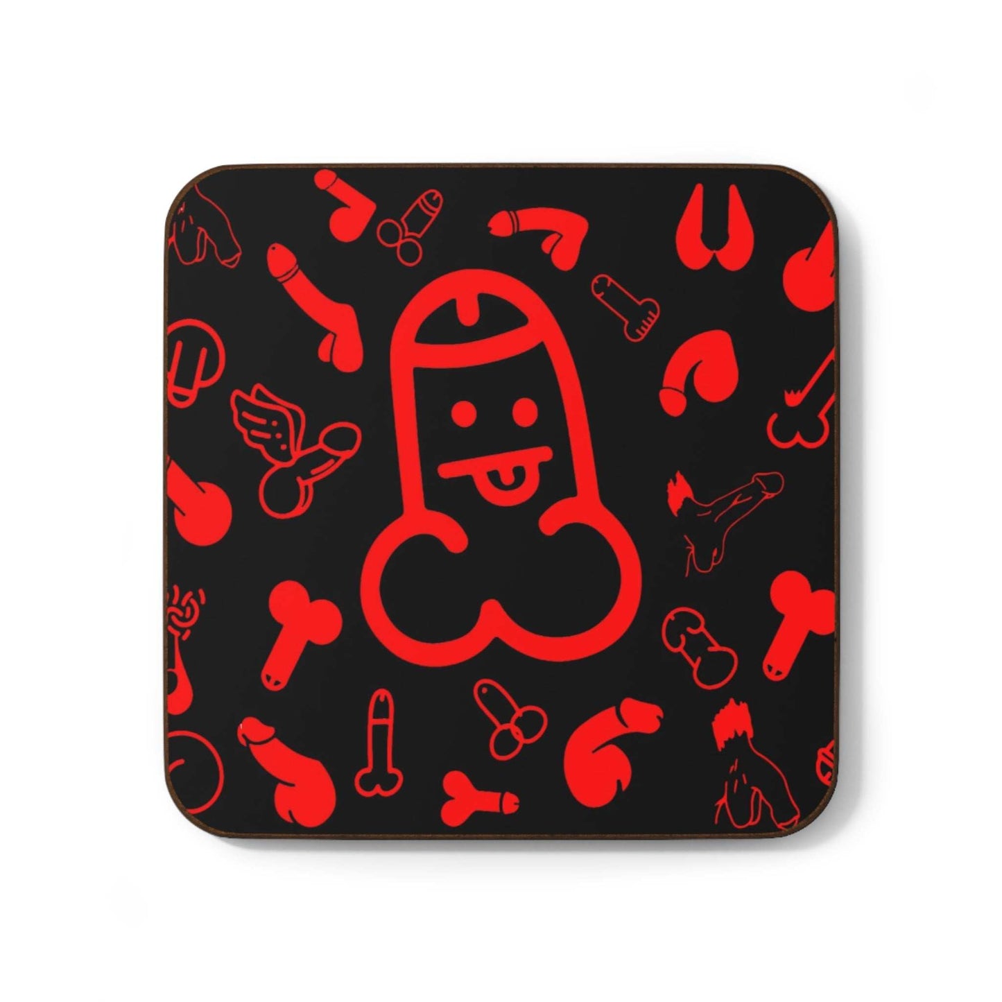 Cheeky rude coaster with red graphic design, high-gloss finish, and cork backing.