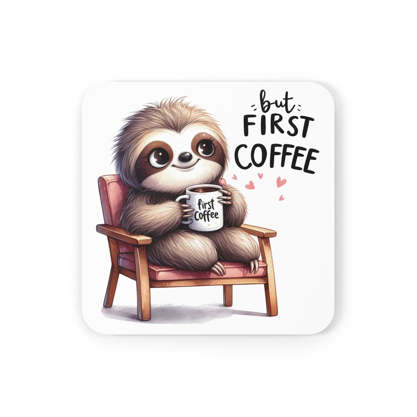 Cute sloth coaster with non-slip cork back and high-gloss finish, featuring playful sloth design holding a coffee cup.