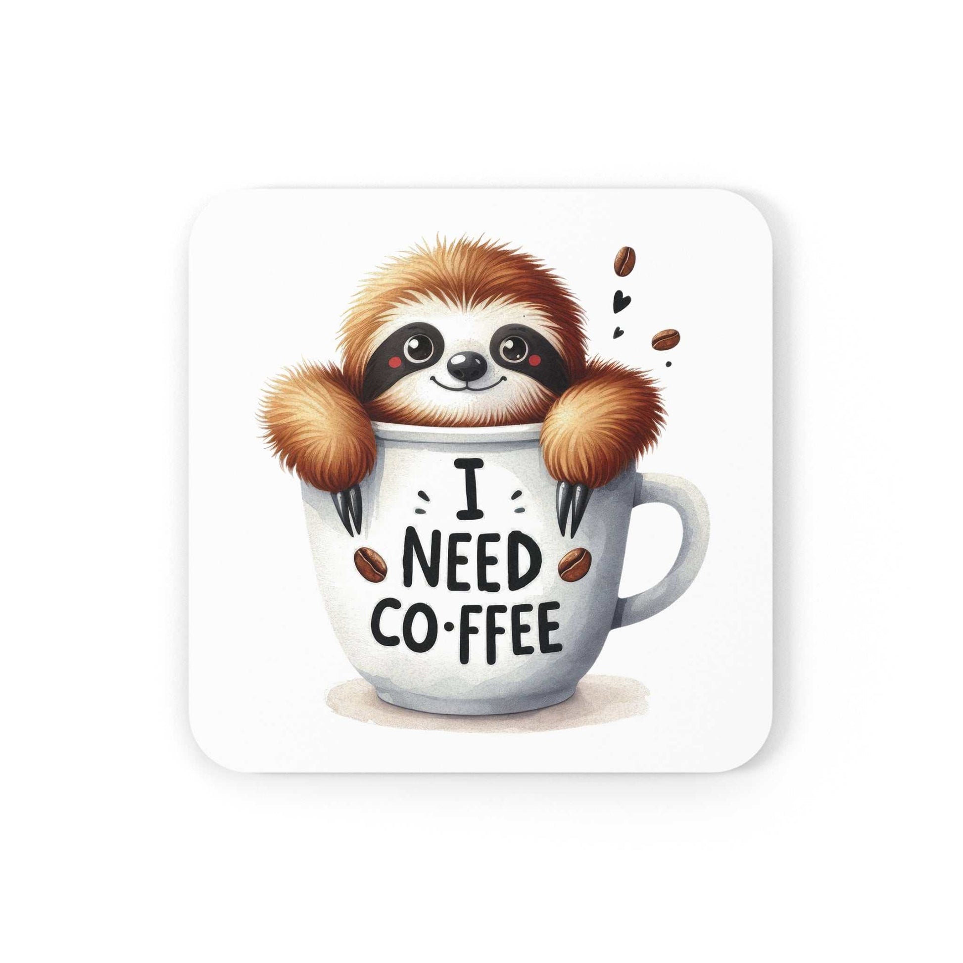 Cute sloth coaster with a sloth in a coffee cup design, non-slip cork back, high-gloss finish.