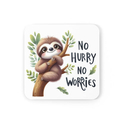 Cute sloth coaster with non-slip bottom and high-gloss finish, featuring sloth design and "No Hurry No Worries" text.