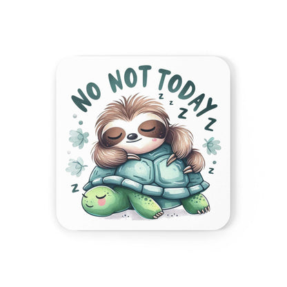 Cute sloth coaster with sleeping sloth and turtle design, non-slip cork back.