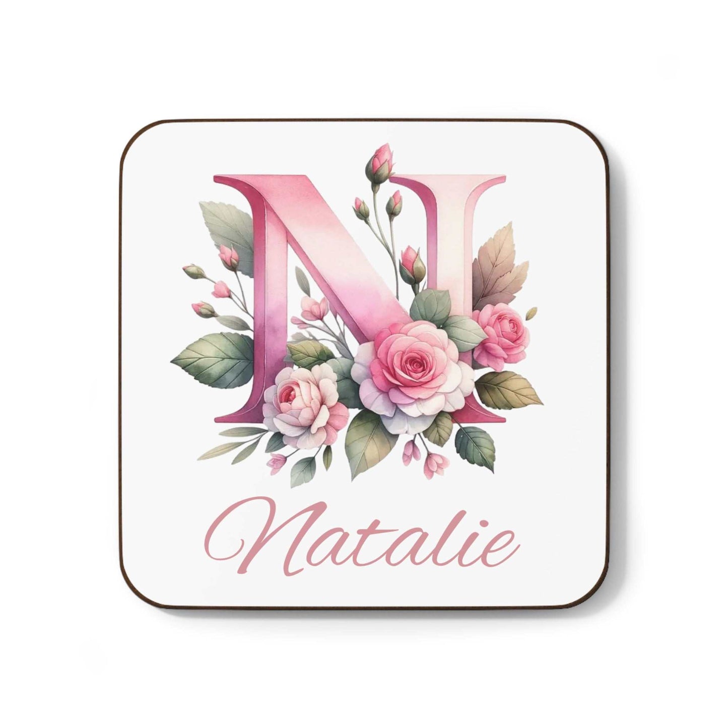 Personalised watercolour coaster with floral design and name "Natalie".