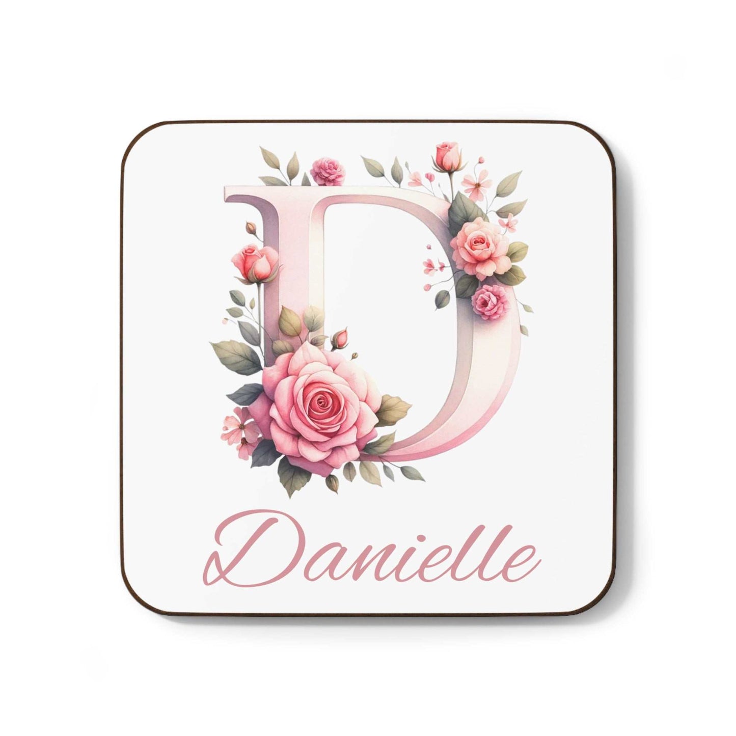 Personalised watercolour coaster featuring floral design and name "Danielle" on high-gloss MDF with cork back.