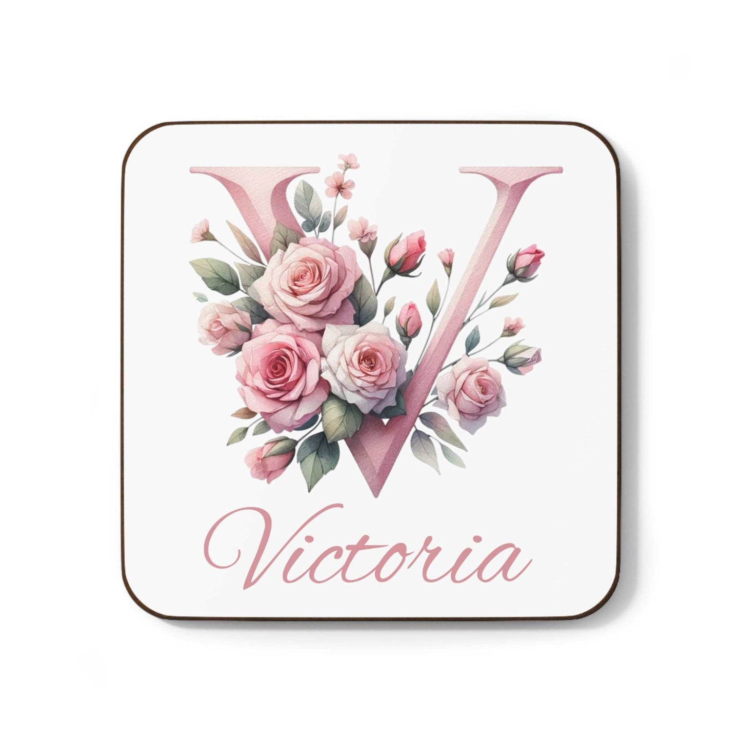 Personalised watercolour coaster with floral design and name Victoria, featuring high-gloss finish and cork back.