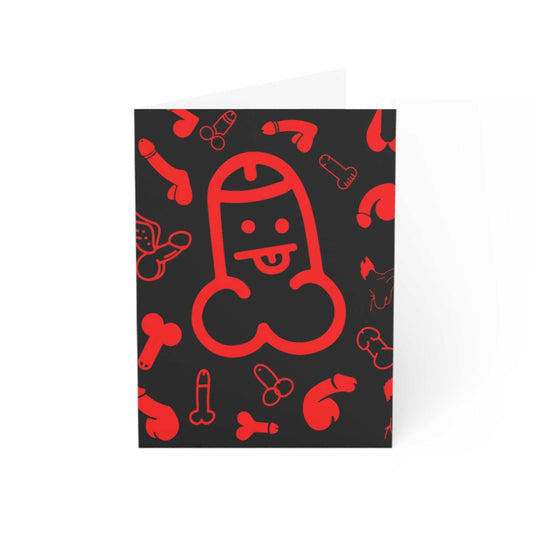 Cheeky red willy greeting card on black background, A6 size, humorous design.