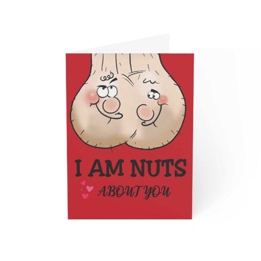 Cheeky Rude Nuts About You greeting card with humorous illustration and text.