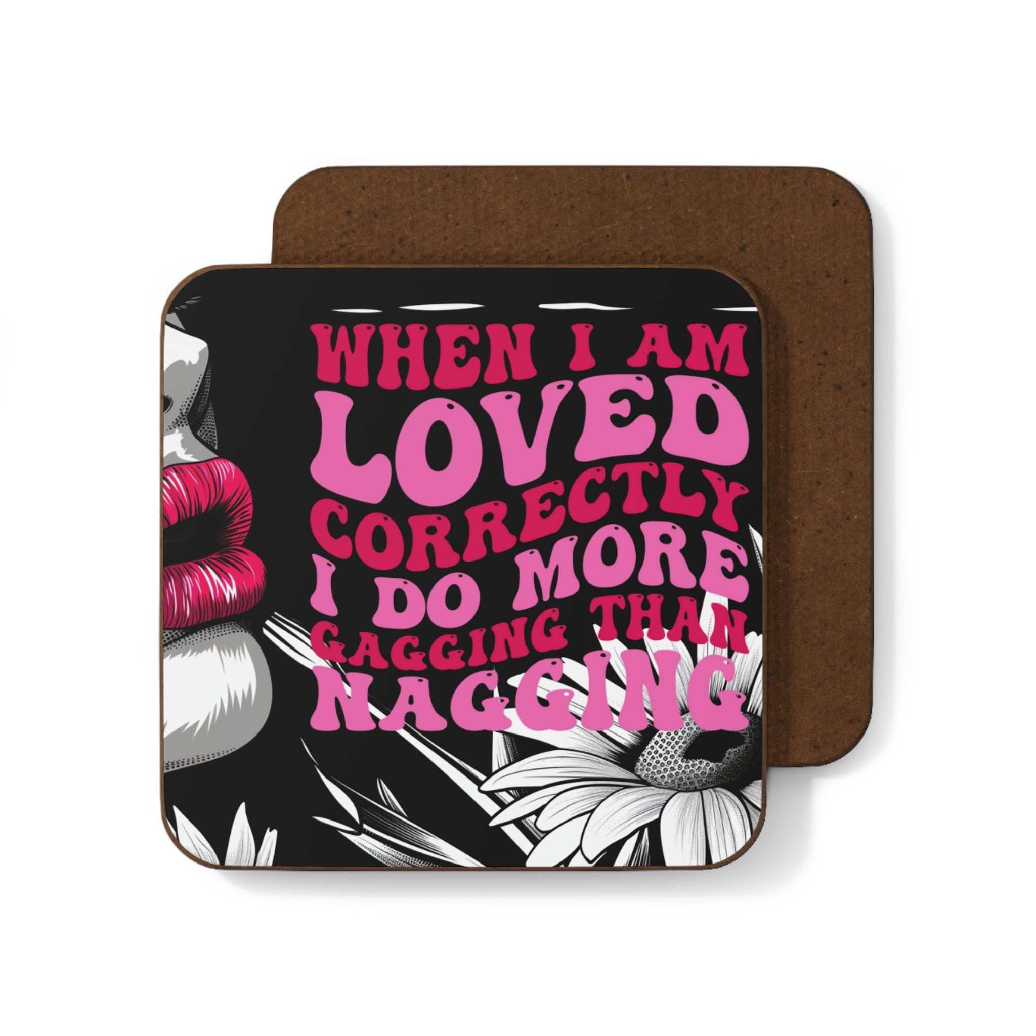 Cheeky rude coaster with bold pink text on a playful design, adds humor and fun to any table.