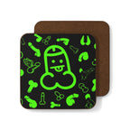 Cheeky rude coaster with green graphic and black background, features cork back and rounded corners.