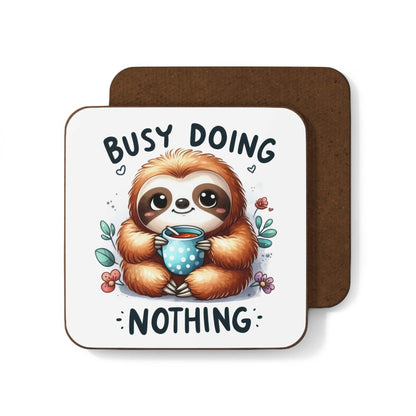 Cute sloth coaster with high-gloss finish, cork back, and non-slip features; perfect for whimsical home decor.