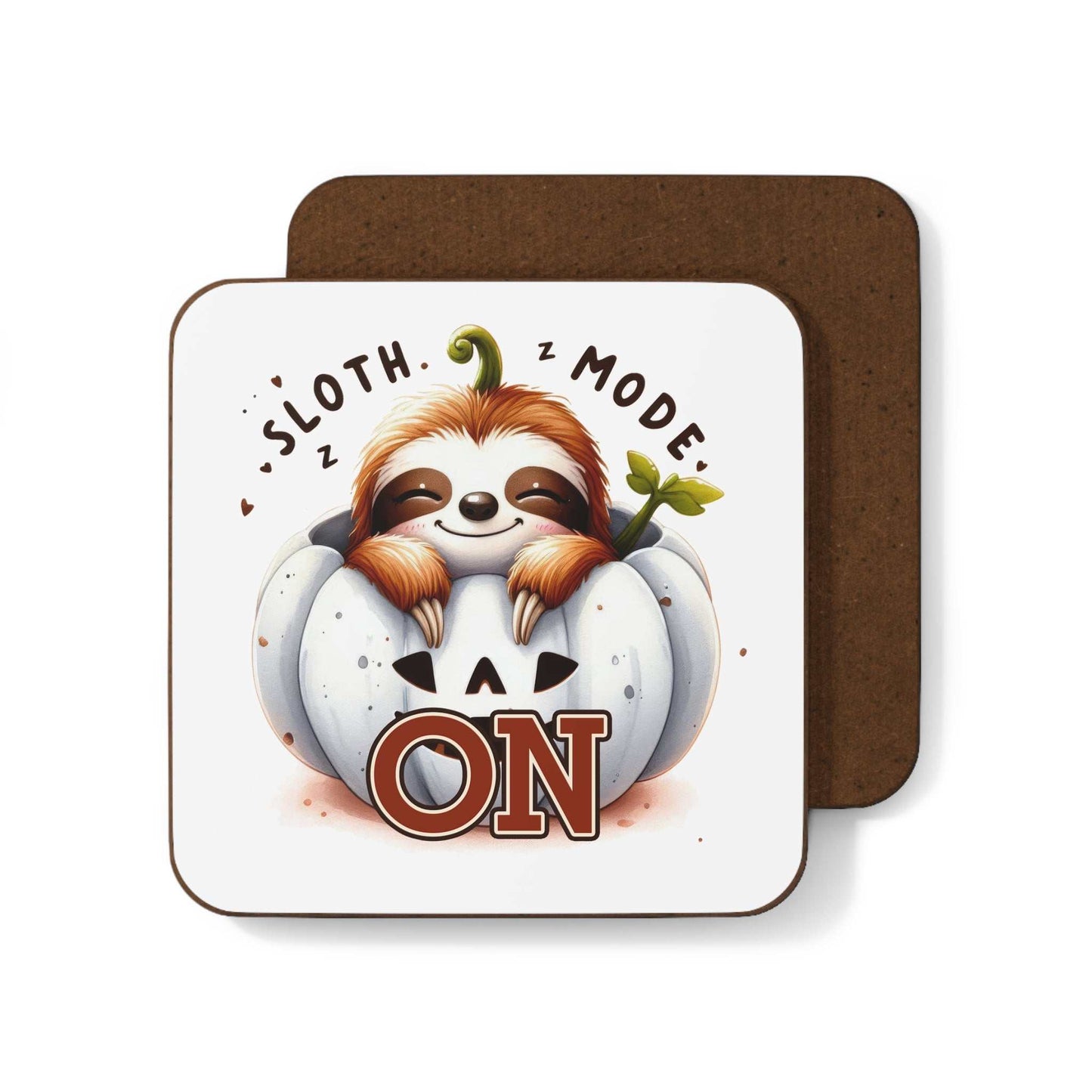 Cute Sloth Coaster with playful sloth design, high-gloss MDF top, cork back, 3.5x3.5 inches, rounded corners.