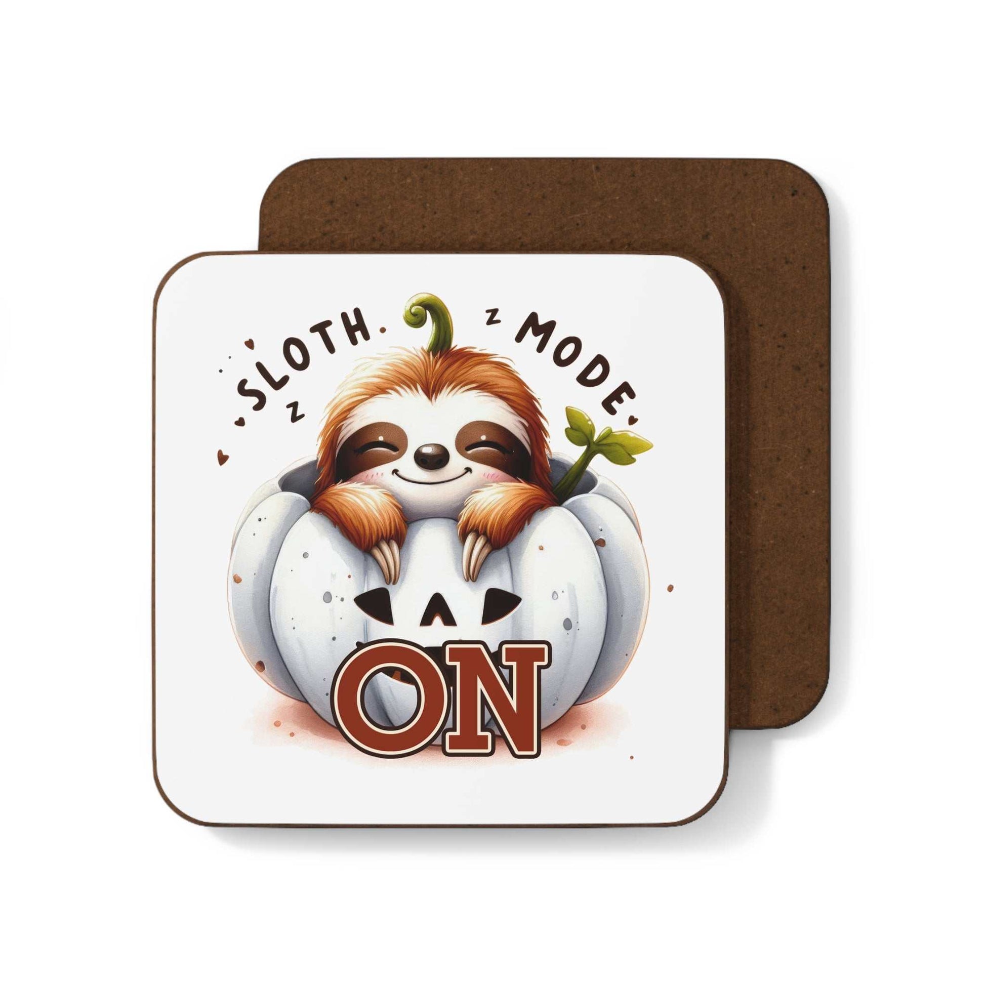 Cute Sloth Coaster with playful sloth design, high-gloss MDF top, cork back, 3.5x3.5 inches, rounded corners.