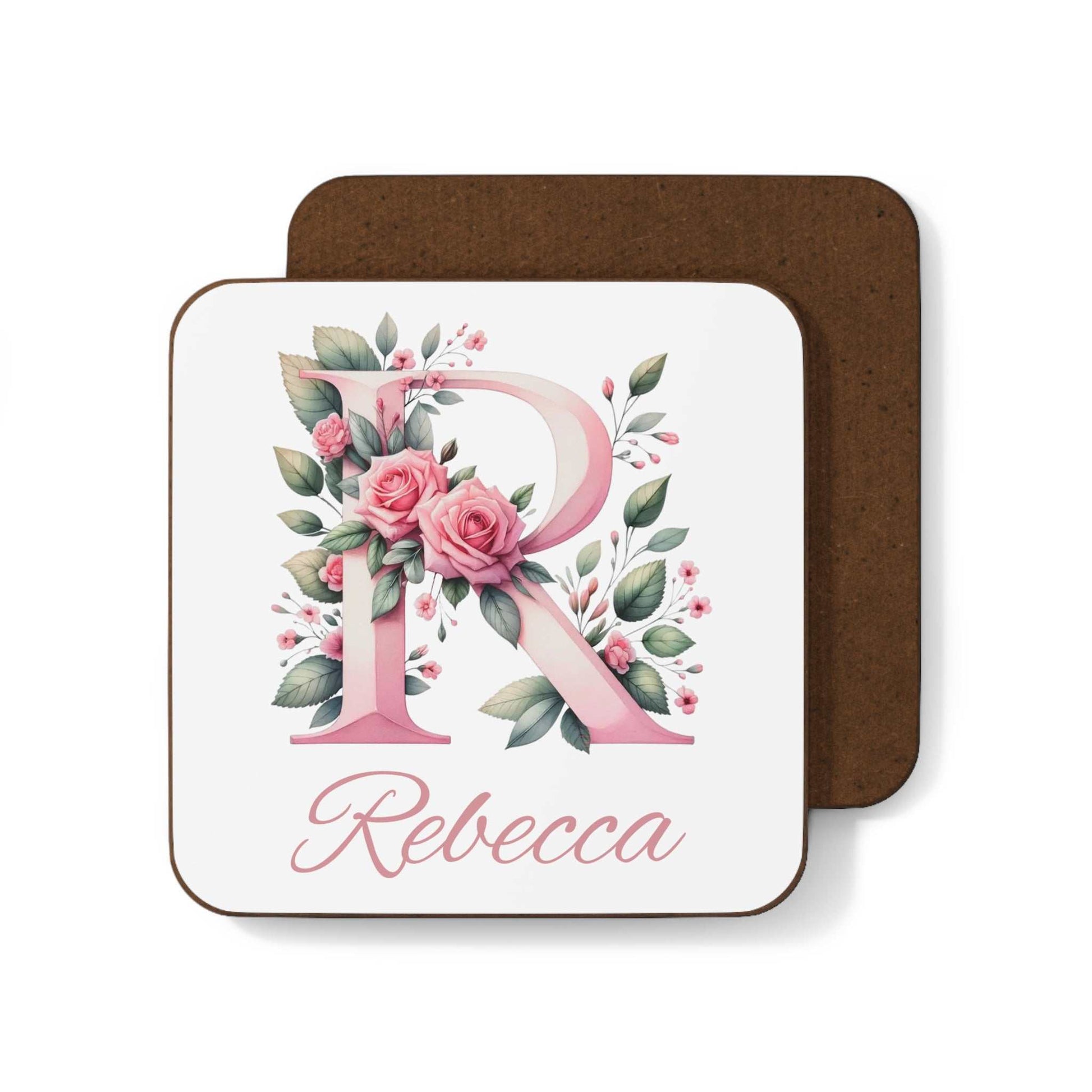 Personalised watercolour coaster with floral initial design, high-gloss MDF top, and cork back.