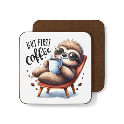 Cute sloth coaster with humorous "But First Coffee" design, MDF top, cork back, perfect for gift-giving.