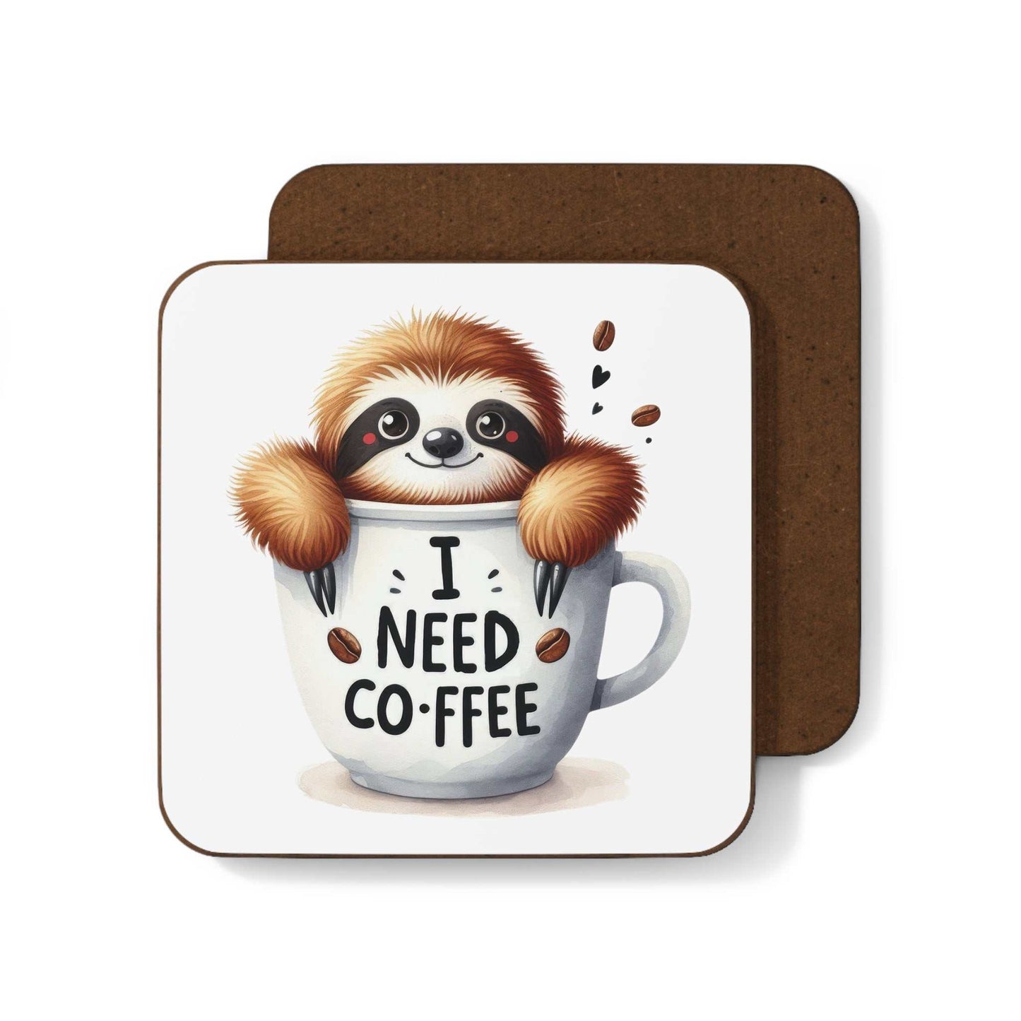 Cute sloth coaster with non-slip cork back and high-gloss finish featuring a sloth in a coffee cup design.