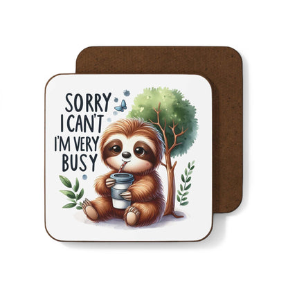 Cute sloth coaster with high-gloss finish and non-slip cork back, featuring adorable sloth design on desk accessory.