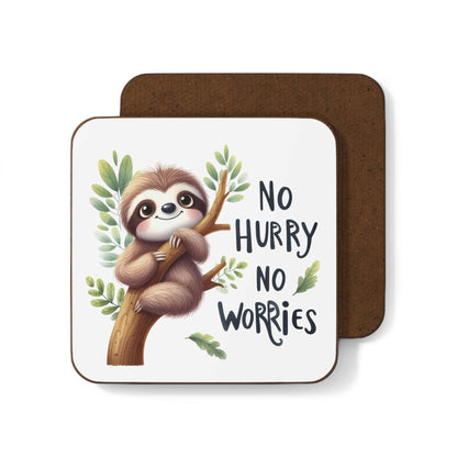Cute sloth coaster with "No Hurry No Worries" text, high-gloss finish, non-slip cork back.