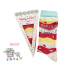 Colorful cake slice socks with "Fancy a Slice?" text, cotton rich, unisex, UK size 6-11 in gift box