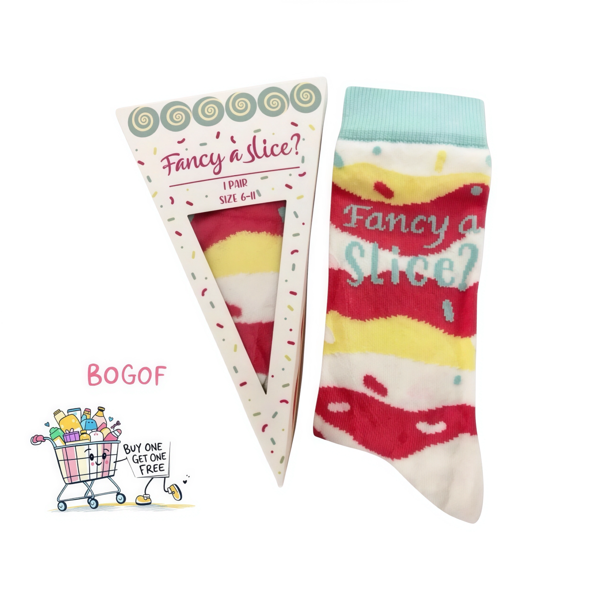Colorful cake slice socks with "Fancy a Slice?" text, cotton rich, unisex, UK size 6-11 in gift box
